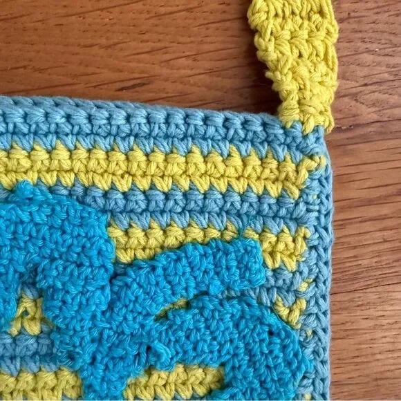 URBAN Outfitters Flower/Stripe Blue Yellow Mini Crochet Crossbody Cell Phone Bag - Picture 6 of 12